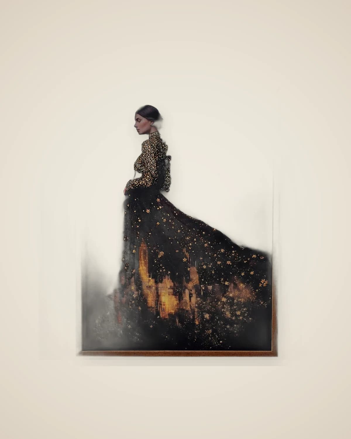 Dekoratives Gemälde mit Stadtmotiv und eleganter weiblicher Figur – Modernes Wandgemälde mit Goldrahmen — TUTA — 2
