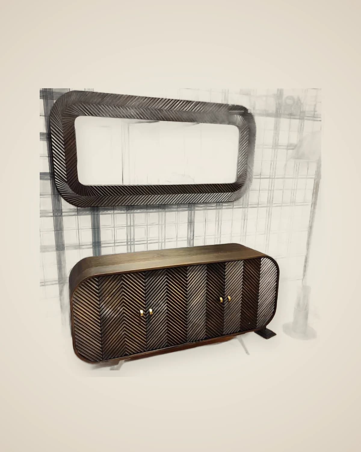 Retro Craft Striped Wooden Mirror And Console Set — TUTA — 3